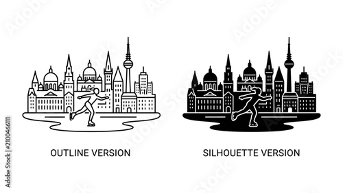 Photos Cityscape with Runner: A stylized cityscape featuring iconic landmarks is presented in both outline and silhouette versions, with a runner in motion symbolizing activity and urban life