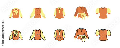 Blouse Pussy Bow Smocked Tunic Wrap Puff Sleeve Icon Set Color and Outline