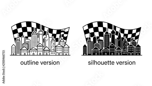 Tableau sur toile Cityscape with Racing Flag: A modern cityscape depicted in both outline and silhouette versions, featuring a checkered racing flag waving prominently above the buildings, symbolizing speed