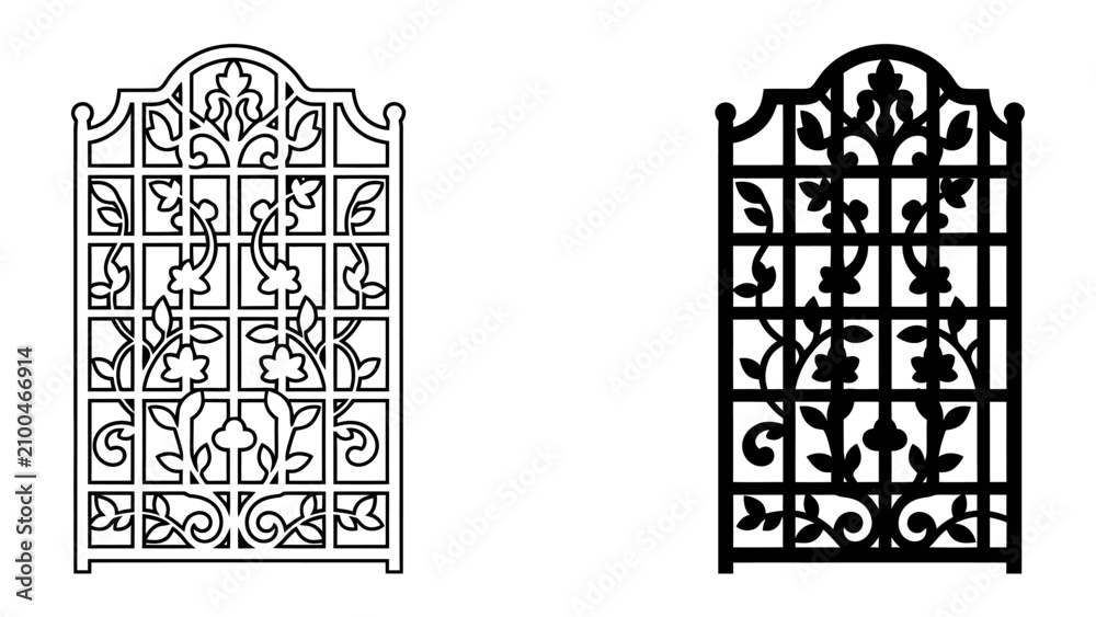 Fototapeta premium Decorative Gate Designs: Two intricately designed, ornate gates with floral and vine motifs, one in black and white outline and the other in solid black.