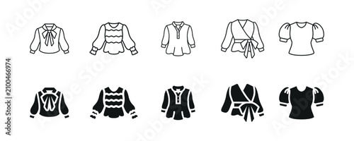 Blouse Pussy Bow Smocked Tunic Wrap Puff Sleeve Icon Set Line Glyph