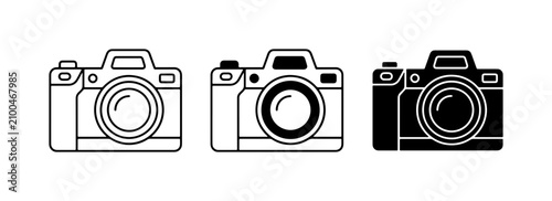 Photos Three Camera Icons, Digital Photography Equipment, Black and White Vector Graphi