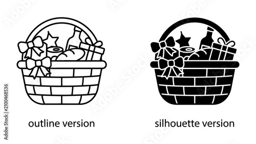 Foto Gift Basket Icon: A festive gift basket filled with goodies like wine, bread, presents, and a star ornament, presented in both outline and silhouette versions for versatile design use