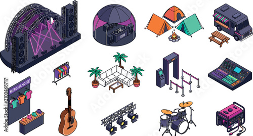 Isometric Music Festival Vector Set with Concert Stage, Glamping Dome, Campground Tents, Food Truck, Audio Mixer, and Instruments Icon Graphics