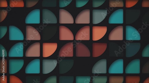 Retro 1970s style abstract background with a geometric pattern of blinking quarter circles in warm color tones. This stylish vintage motion background animation is HD and looping.