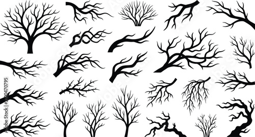 Black silhouette tree branches collection for halloween decorations and spooky graphic designs