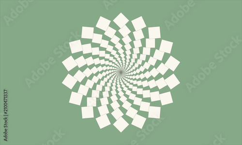Geometric spiral square pattern vector background. Elegant cream white vortex mandala ornament on sage green backdrop for modern luxury card, invitation, wallpaper design