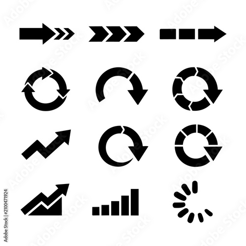 Minimal Arrow and Circular Progress Icon Set in Black Flat Vector Style