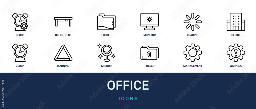 Naklejka premium Set of 12 outline web Office icons such as warning, management, folder, mirror, warning, clock, office building vector icons for report, presentation, diagram, web design, mobile app