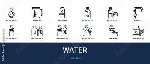 Obraz na płótnie Set of 12 outline web Water icons such as water bottle, water tap, water bottle,