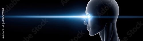 A digital human head emits a bright blue beam of light from its eye, symbolizing futuristic technology and artificial intelligence.