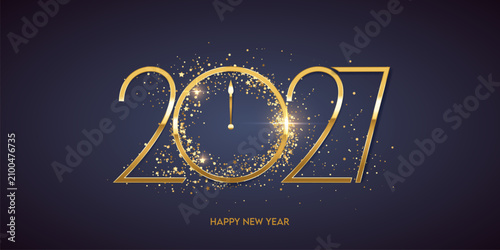 Happy new year 2027. Golden numbers with confetti on a dark blue background. Holiday greeting card design.