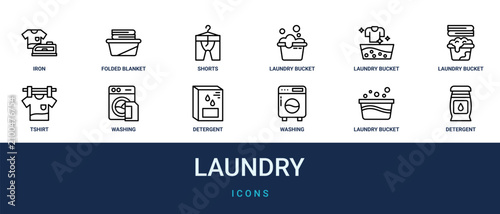 Set of 12 outline web Laundry icons such as detergent, laundry bucket, washing machine, detergent, washing machine, tshirt, laundry bucket vector icons for report, presentation, diagram, web design,
