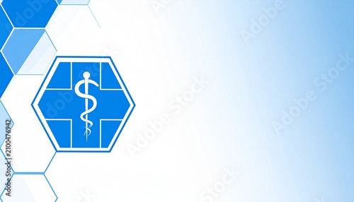 Medical symbol on blue hexagonal background. Healthcare icon with geometric pattern design.