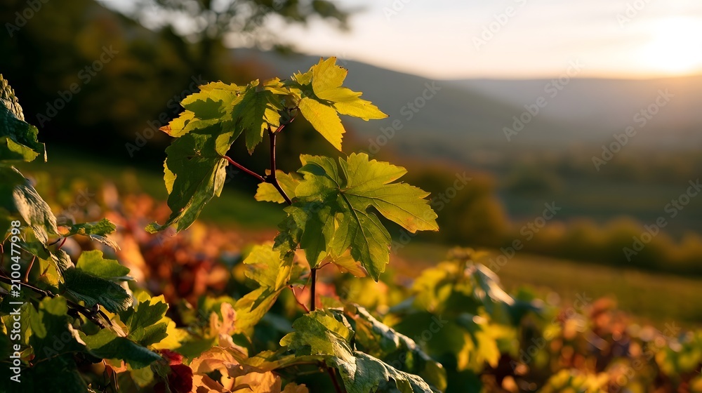 Fototapeta premium Sunlit vineyard leaves glow warmly against rolling hills at golden hour showcasing autumnal colors and tranquil rural scenery