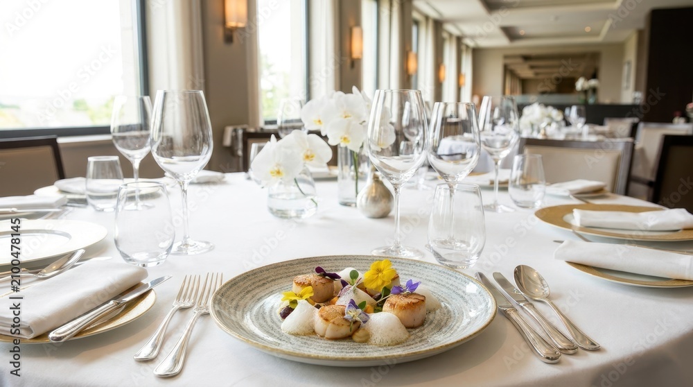 Fototapeta premium Elegancka aranżacja stołu w restauracji z daniem z przegrzebków gourmet i kompozycją kwiatową