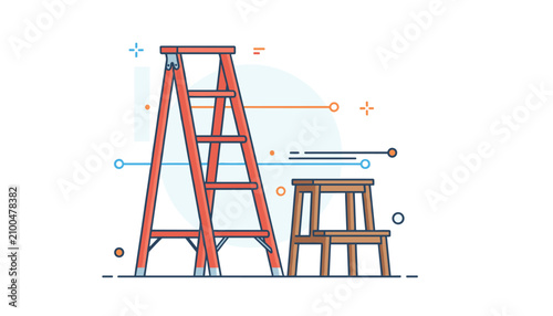 Stepladder and utility stool displayed on a light blue background for industrial or home improvement work themes.