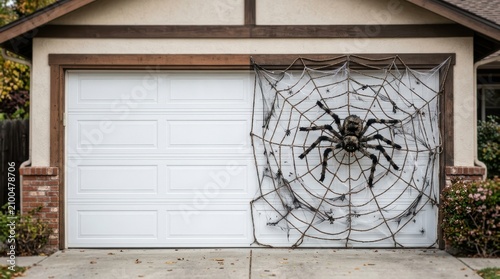 Spooky Halloween Garage Door Decoration with Giant Spider and Web