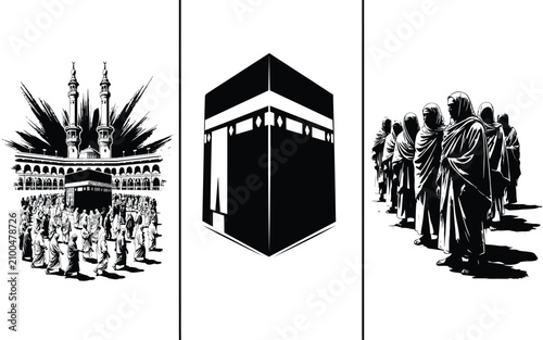 Bild auf Leinwand Set of Hajj and Umrah pilgrimage illustrations featuring the Kaaba, pilgrims cir