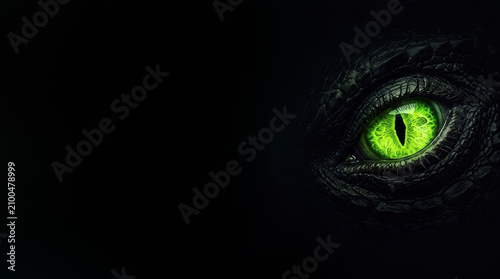 Close Up of a Glowing Green Reptilian Monster Eye in Darkness