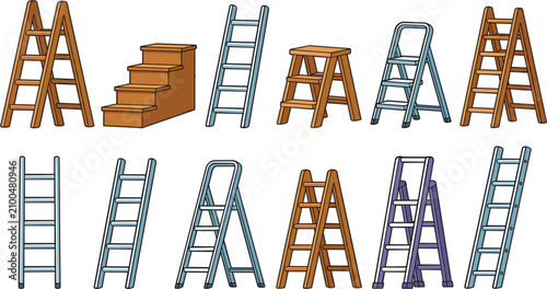 Isometric ladder collection vector set with wooden metal step ladders extension ladders and portable access equipment