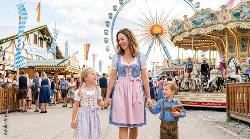 Family enjoying traditional Bavarian attire at a lively Oktoberfest celebration