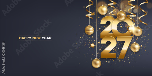 Happy new year 2027. Golden numbers with Christmas decoration and confetti on  dark blue background. Holiday greeting card design.