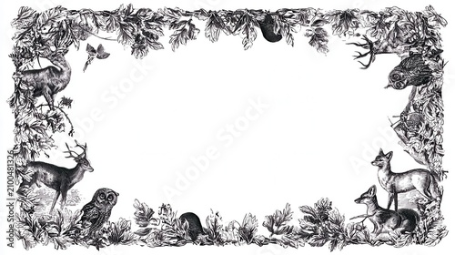 Engraved wildlife border, detailed illustrations of forest animals like deer, owls, and foxes intertwined with oak leaves, rectangular blank center, monochrome black ink