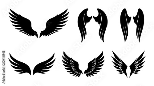 Tableau sur toile Set of Six Black Wing Silhouettes, Angelic Feathered Wings Vector Icons, Symboli