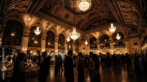 Elegant banquet hall with guests socializing at a formal gala dinner event.