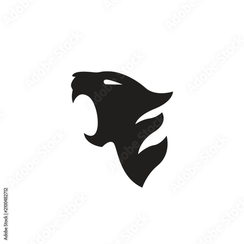 Panther head silhouette roars with an aggressive expression in this minimalist black graphic design.