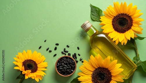 Top of view Oil bottle with sunflowers and seeds on a green background