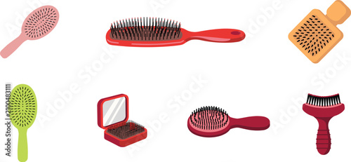Hair brush vector set featuring different types styles paddle round folding brushes with mirror isolated on white background