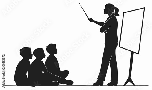Teacher silhouette instructing students in classroom, female educator pointing at whiteboard, school children sitting on floor during lesson vector