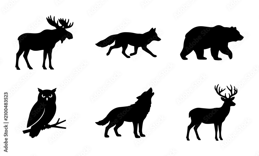 Obraz premium Forest Wildlife Silhouettes: Moose, Fox, Bear, Owl, Wolf, Deer Icons, Vector Set for Nature Design