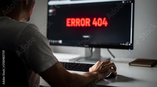 Person Sitting at Desk Facing Computer Screen Displaying Error 404 Message.