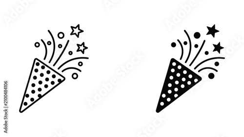Foto Party popper with confetti explosion icon set in minimalist line art and solid b