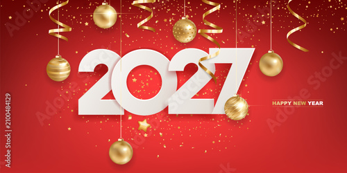 Happy new year 2026. White paper numbers with golden Christmas decoration and confetti on red background. Holiday greeting card design.
