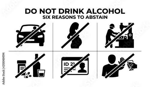 Photos Do Not Drink Alcohol Icons, Six Reasons to Abstain Vector Set: Driving, Pregnanc