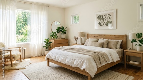 A cozy bedroom scene with a wooden bed, soft bedding, and plants. Natural light streams through a window, creating a warm and inviting atmosphere. The setting is perfect for relaxation or sleep.