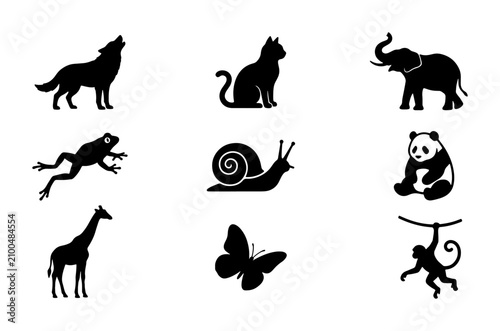 Photography Silhouette Animal Icons Set: Wolf, Cat, Elephant, Frog, Snail, Panda, Giraffe, B