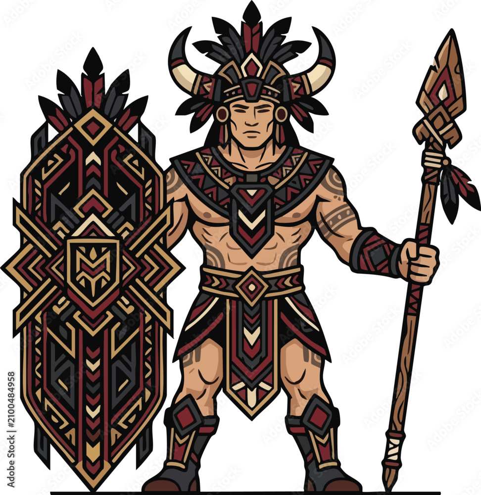 Obraz premium Warrior Illustration with Tribal Armor Spear and Shield for Fantasy Game Design and Media Projects