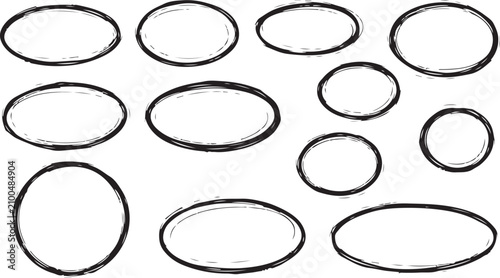 Set of nine hand-drawn black oval shapes and circles sketch outlines isolated on transparent