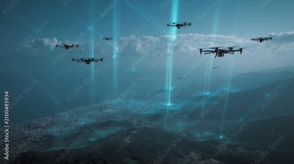 Naklejka premium Futuristic drone fleet guided by ai over a connected city and landscape, symbolizing deep learning, autonomous navigation, real time mapping, and smart aerial intelligence.