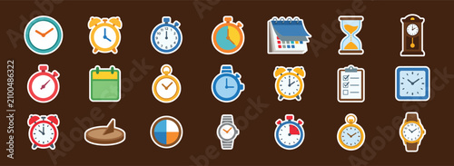 Photos Set of various timekeeping devices and clock icons white background and color bl