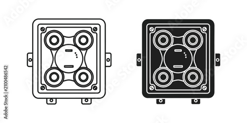 Industrial square junction box set featuring four circular ports in outline and solid black styles electrical