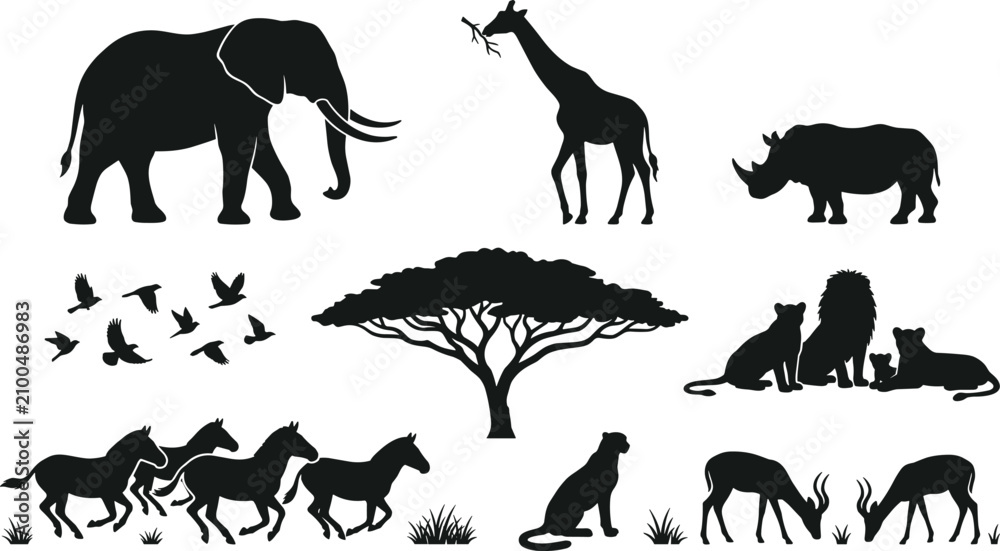 Obraz premium Set of black silhouettes representing African safari wildlife wild animals and savanna acacia tree vector