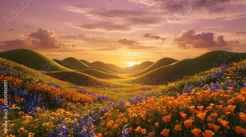 Dramatic evening light breaks through soft clouds, illuminating rolling hills and a dense carpet of wild orange and purple flowers.