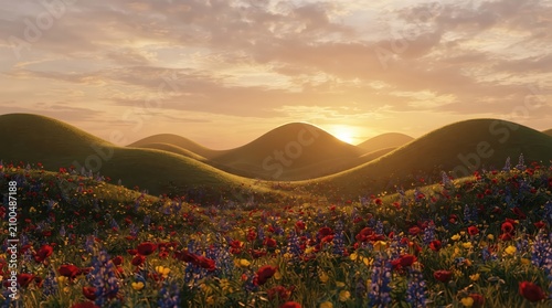 Experience the beauty of spring with this stunning view of a lush green valley covered in a colorful wildflower superbloom at golden hour.