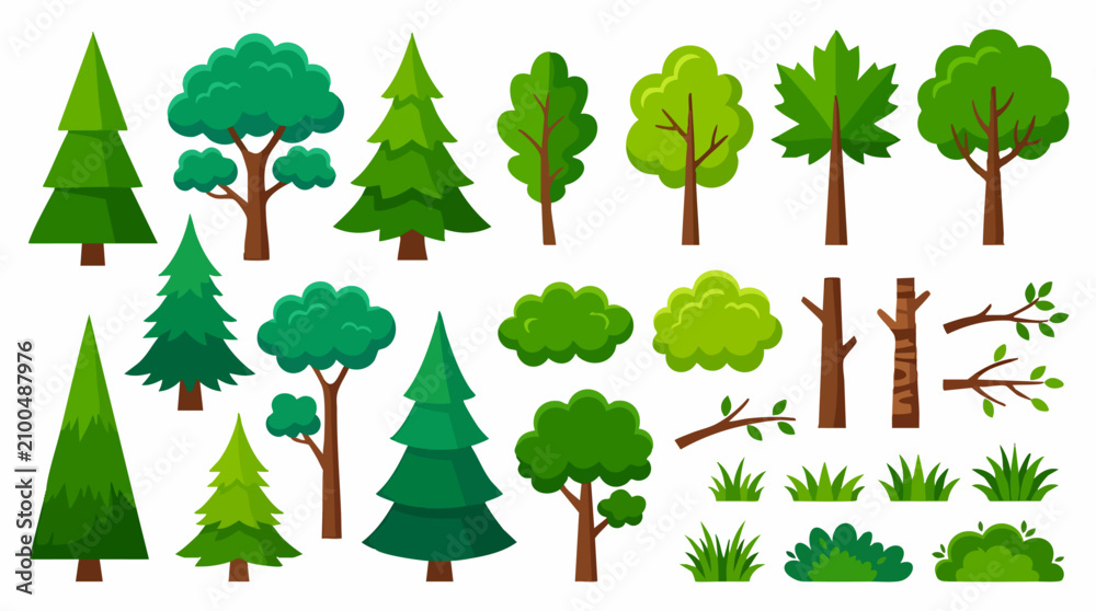 Fototapeta premium Forest Elements Collection: A vibrant assortment of stylized trees, lush bushes, branches, and grass tufts, ideal for graphic design and nature-themed illustrations.